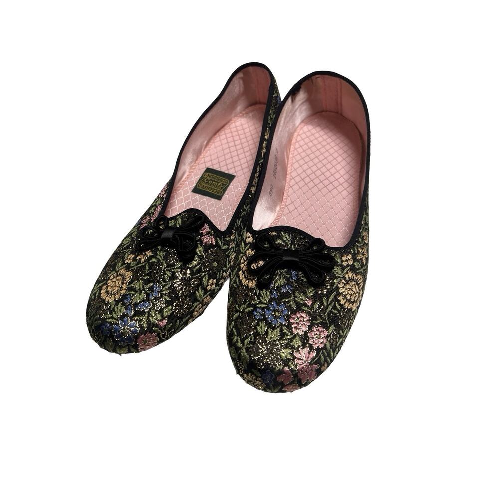Vtg MCM Daniel Green Comfy Slippers Floral Brocade Gold Lurex 60s USA Made 9 B